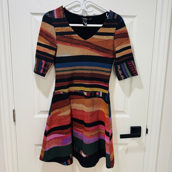 Desigual Tops - Desigual - Colourful Mid-Sleeved Dress, Ribbed Fabric, Size M